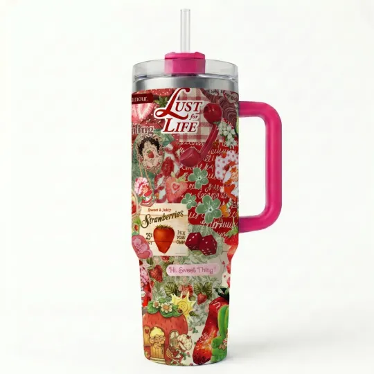 Strawberry Shortcake Tumbler 40oz With Handle Insulated Straw Cup Gift