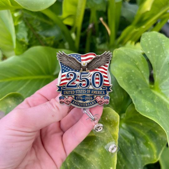 USA 250th Anniversary Enamel Badge Reel: Retractable ID Holder 1776-2026 Semiquincentennial, Patriotic Eagle Design