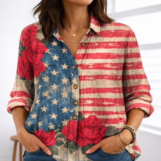 Discover Vintage 4th of July Women's Linen Shirt, Retro USA Flag Fireworks Blouse, Patriotic Independence Day Top, Red White Blue Summer Outfit Gift