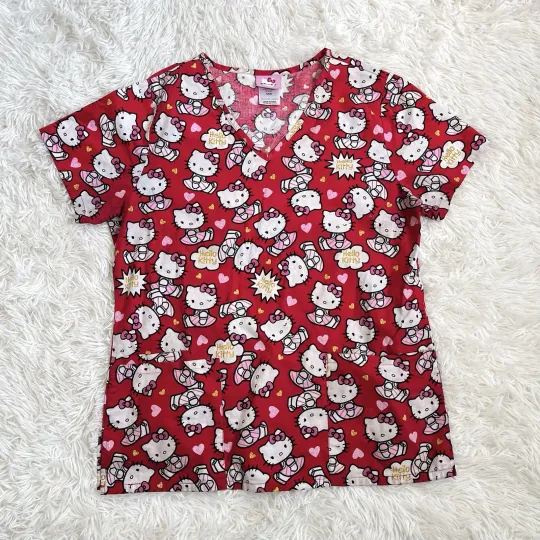 Vintage 2000s Hello Kitty Sanrio Medical Scrub Top Women’s Small Red Pink 3D T-shirt