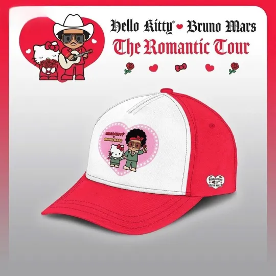 Discover Bruno Mars x Hello Kitty The Romantic Tour 2026 Limited Pink and White Baseball Cap