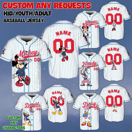 Discover Custom Mickey And Friends USA Baseball Jersey, 250 Years Of Freedom Shirt, Mickey Minnie 4th Of July Jersey, Patriotic America Family Shirt