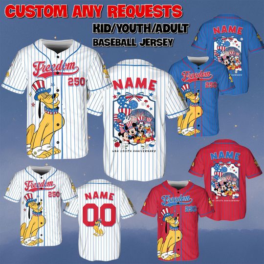 Discover Custom Pluto 250th Anniversary V5 Jersey, Mickey And Friends Patriotic Shirt, Disney USA Freedom Jersey, Pluto White Red Blue Shirt