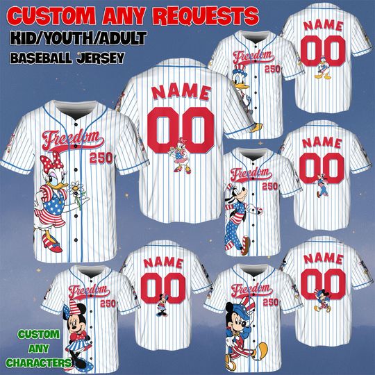 Discover Custom Mickey And Friends 250th Anniversary Jersey, Goofy Patriotic Independence Day, Disney USA Freedom Jersey, Donald White Red Blue Shirt