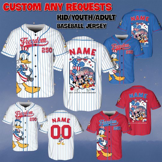 Discover Custom Donald 250th Anniversary V5 Jersey, Mickey And Friends Patriotic Shirt, Disney USA Freedom Jersey, Donald White Red Blue Shirt