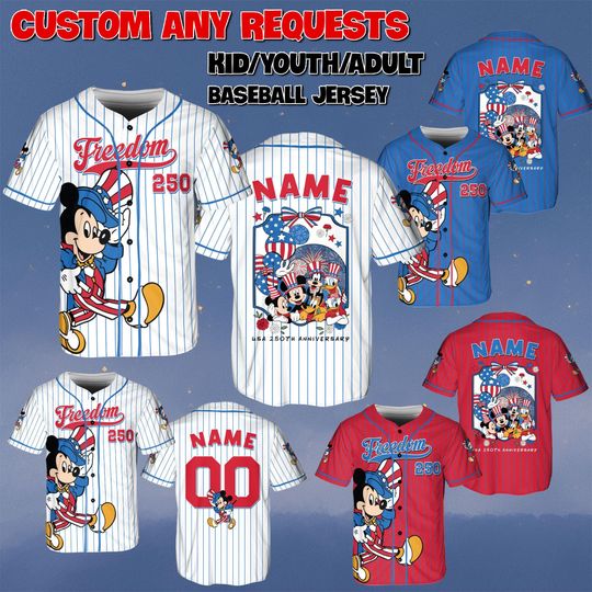 Discover Custom Mickey 250th Anniversary V5 Jersey, Mickey And Friends Patriotic Shirt, Disney USA Freedom Jersey, Mickey White Red Blue Shirt