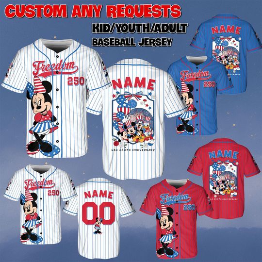 Discover Custom Minnie 250th Anniversary V5 Jersey, Mickey And Friends Patriotic Shirt, Disney USA Freedom Jersey, Minnie White Red Blue Shirt