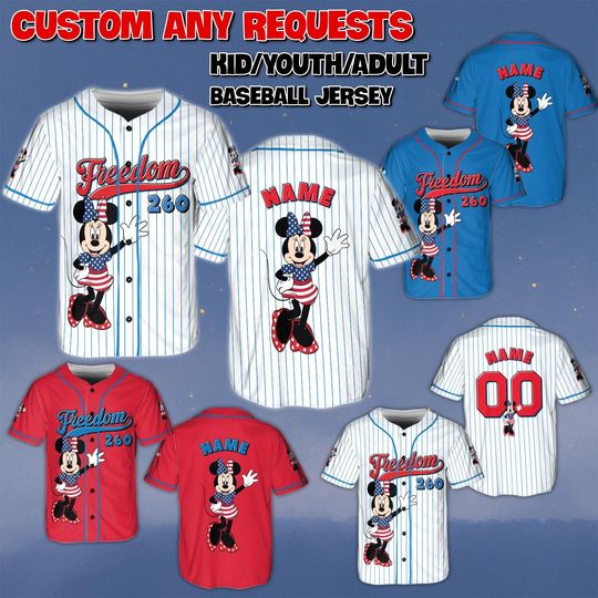 Discover Custom Minnie 250th Anniversary V4 Jersey, Mickey And Friends Patriotic Jersey, Minnie Independence Day Shirt, Disney Red White Blue Jersey