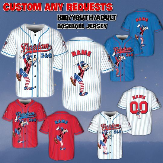 Discover Custom Goofy 250th Anniversary V4 Jersey, Mickey And Friends Patriotic Jersey, Goofy Independence Day Shirt, Disney Red White Blue Jersey