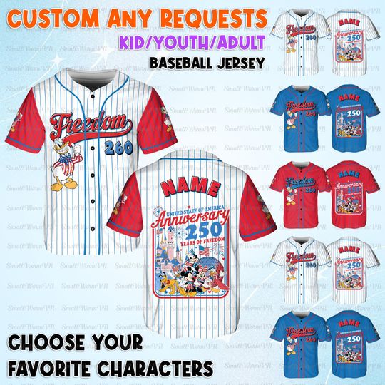 Discover Personalized Donald Independence Jersey, Mickey And Friends 250 Anniversary, Donald Duck Patriotic Shirt, Red White Blue Freedom Jersey
