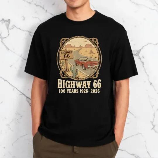 Discover Highway 66 100 Years 1926-2026 Classic Car Lover Anniversary T-Shirt