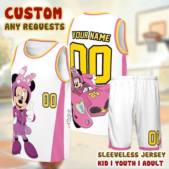 Pink Mouse Tank Top Basketball Jersey, Cute Girl Cartoon Sports Set, Kids Youth Adult Outfit, Birthday Gift for Girls