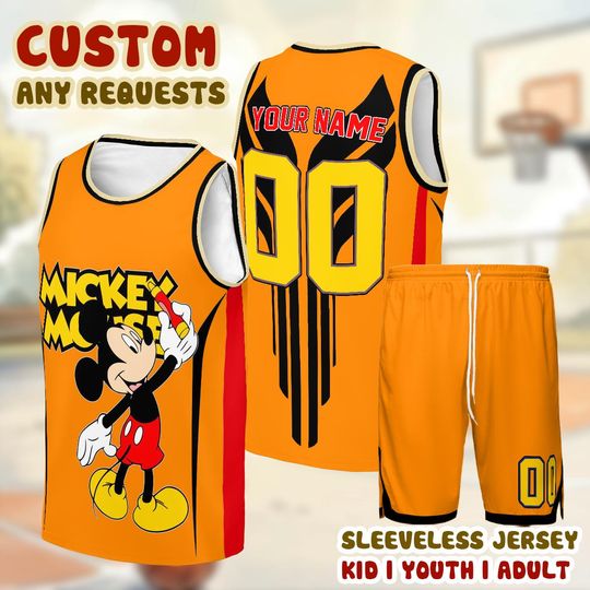 Custom Mickey Mouse Tank Top Basketball Jersey, Personalized Orange Disney Shirt