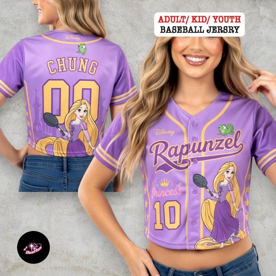 Discover Rapunzel Disney Princess Crop Top Baseball Jersey, Tangled Pascal Purple Shirt