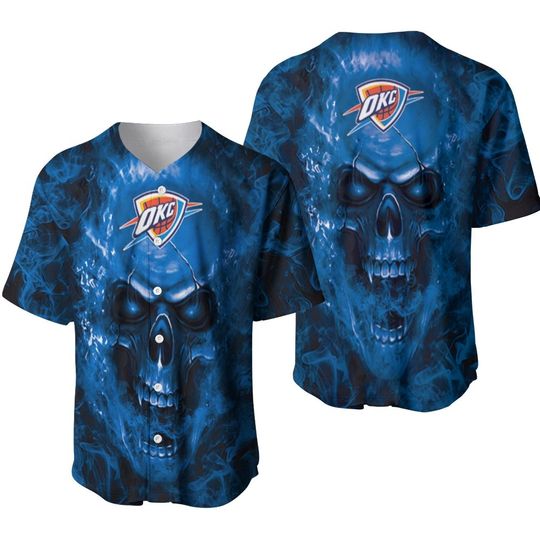 Discover NBA Oklahoma City Thunder Black Blue Skull Baseball Jersey
