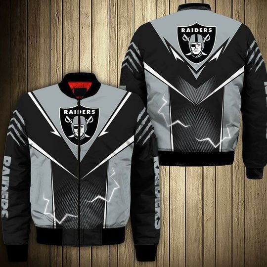 Discover football Las Vegas Raiders Lightning Black Grey Bomber Jacket
