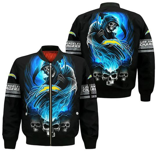 Discover football Los Angeles Chargers Black Blue Skull Bomber Jacket V8