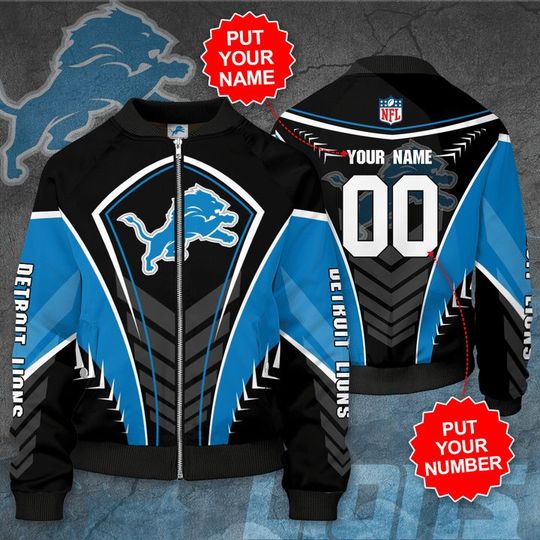 Discover football Detroit Lions Custom Name Number Black Bomber Jacket