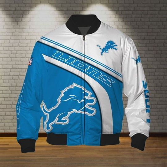 Discover football Detroit Lionss Blue White Bomber Jacket