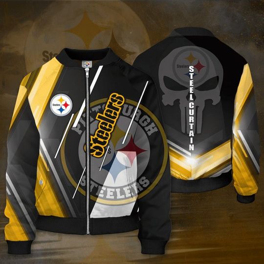 Discover football Pittsburgh Steeler White Skull Golden Black Bomber Jacket