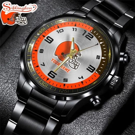 Discover Custom Name Cleveland Football Team Brownss Black Stainless Steel Watch For Fans
