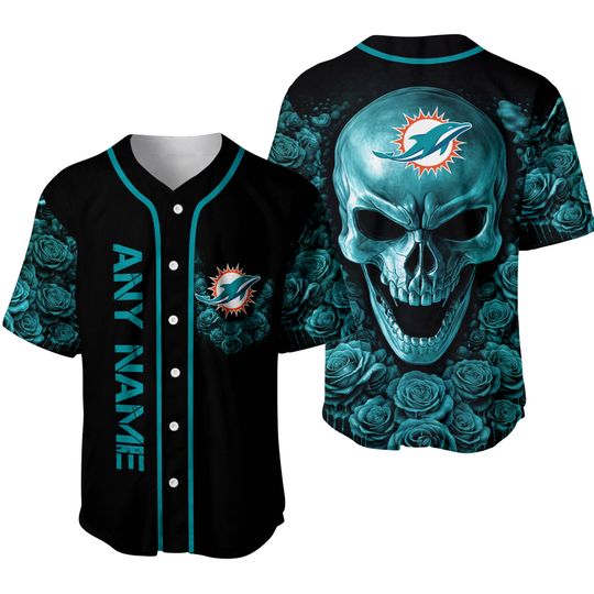 Custom Name Miami Dolphins football Skull Rose 3D Baseball Jersey
