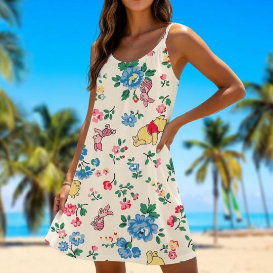 Winnie the Pooh Floral Sling Dress, Cute Pooh and Piglet Flower Dress, 100 Acre Wood Summer Dress, Disney Nature Lover Gift