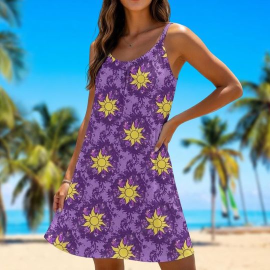 Discover Rapunzel Sun Summer Sling Dress, Purple Tangled Princess Dress, Magic Flower Sun Women Dress, Disney Vacation Gift for Her, Women