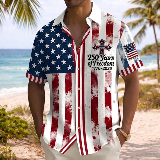 Discover 250 Years of Freedom Hawaiian Shirt, Christian Patriotic Men Button Shirt, USA Flag Cross Shirt 1776-2026 Shirt, Semiquincentennial Gift