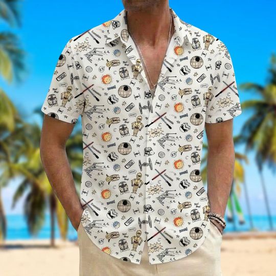 Discover Star Wars Hawaiian Shirt, Star Wars Doodle Button Shirt, R2D2 C3PO Summer Shirt, Jedi Tropical Beach Wear, Star Wars Gift For Him
