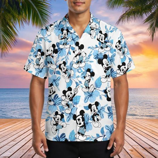 Discover Mickey Mouse Hawaiian Shirt, Blue Hibiscus Disney Button Shirt, Mickey Floral Button Down, Tropical Disney Vacation Shirt, Summer Beach Top