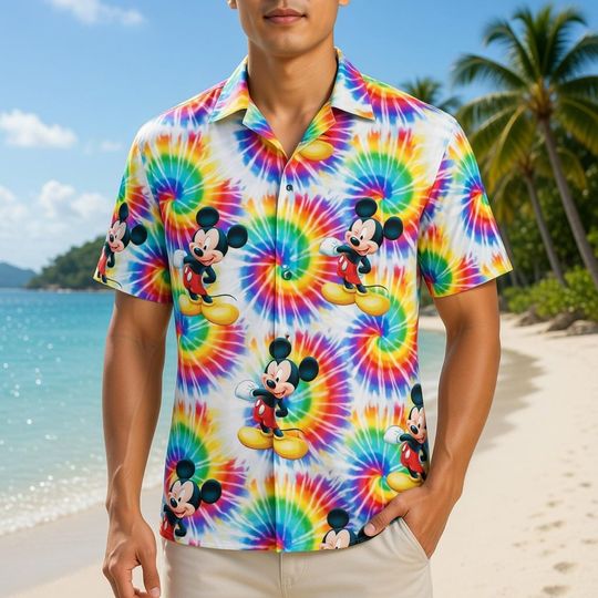 Discover Mickey Mouse Summer Hawaiian Shirt, Disney Rainbow Button Shirt, Mickey Mouse Shirt, Disney Vacation Apparel, Magic Kingdom Shirt