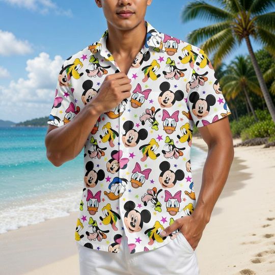 Mickey and Friends Face Hawaiian Shirt, Disney Character Button Shirt, Mickey Minnie Daisy Pluto Goofy Summer Shirt, Gift For Him