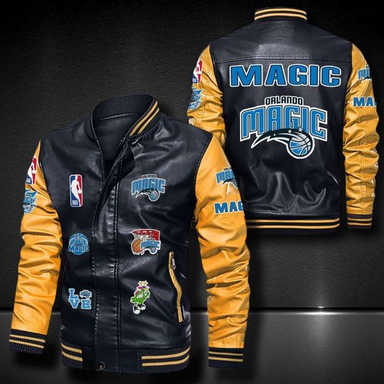 Discover Basketball Orlando Magic Black Yellow Logo Team Leather Bomber Jacket
