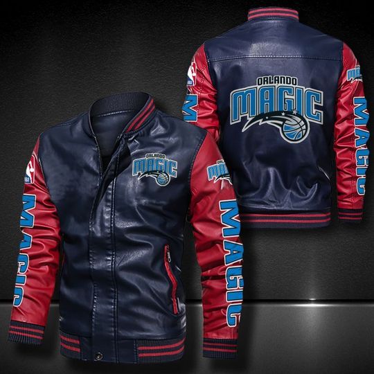 Discover Basketball Orlando Magic Navy Red Leather Bomber Jacket