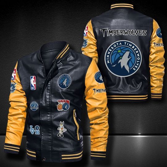 Discover NBA Minnesota Timberwolves Black Yellow Logo Team Leather Bomber Jacket