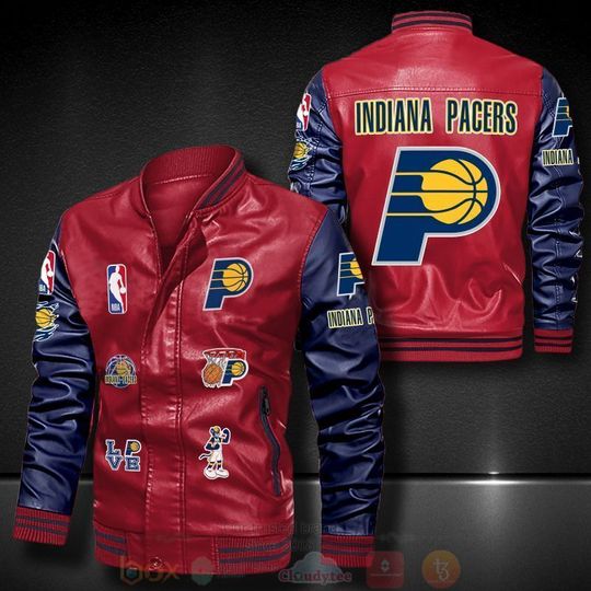 Discover NBA Indiana Pacers Red Navy Logo Team Leather Bomber Jacket