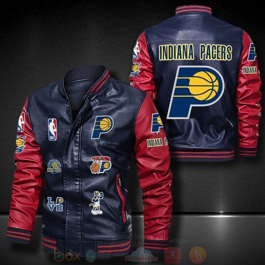 Basketball Indiana Pacers Navy Red Logo Team Leather Bomber Jacket
