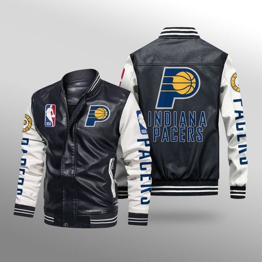 Discover NBA Indiana Pacers Black White Leather Bomber Jacket