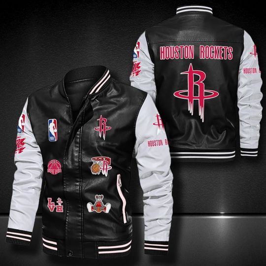 Basketball Houston Rockets Black White Logo Team Leather Bomber Jacket