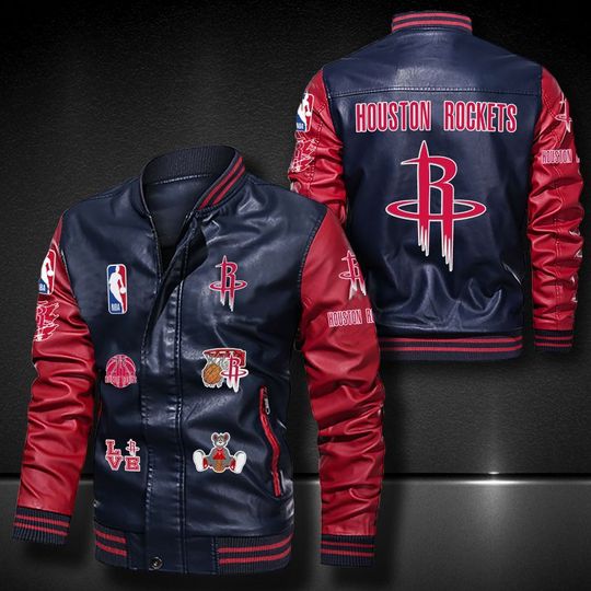 Discover NBA Houston Rockets Navy Red Logo Team Leather Bomber Jacket