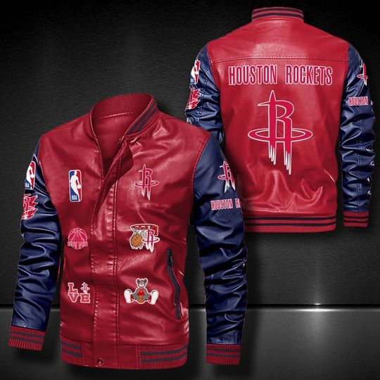 Basketball Houston Rockets Red Navy Logo Team Leather Bomber Jacket