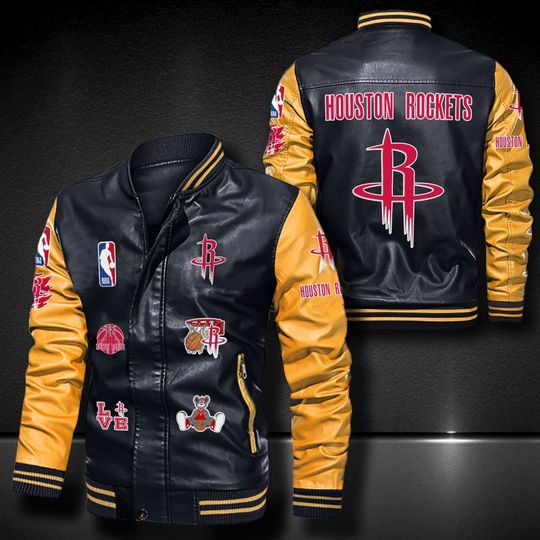 Basketball Houston Rockets Black Yellow Logo Team Leather Bomber Jacket