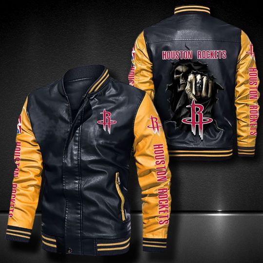 Basketball Houston Rockets Black Yellow Skull Leather Bomber Jacket