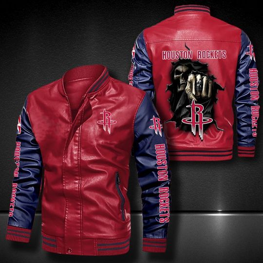 Basketball Houston Rockets Red Navy Skull Leather Bomber Jacket