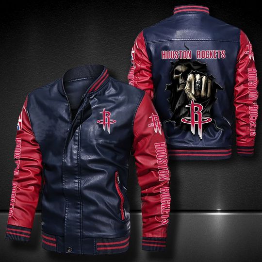 Discover NBA Houston Rockets Navy Red Skull Leather Bomber Jacket