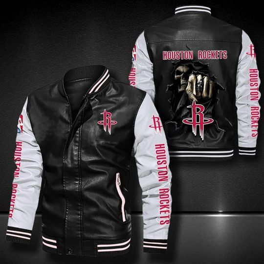 Discover NBA Houston Rockets Black White Skull Leather Bomber Jacket