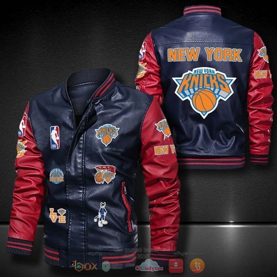 Discover NBA New York Knicks Navy Blue Red Logo Team Leather Bomber Jacket