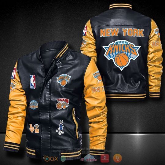 Discover NBA New York Knicks Black Yellow Logo Team Leather Bomber Jacket