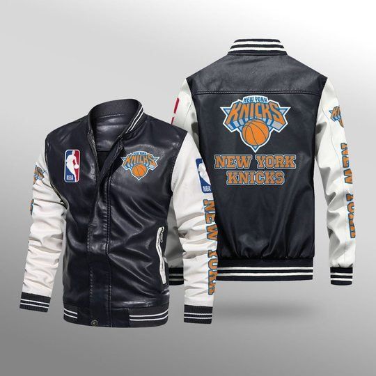 Discover NBA New York Knicks Black White Leather Bomber Jacket